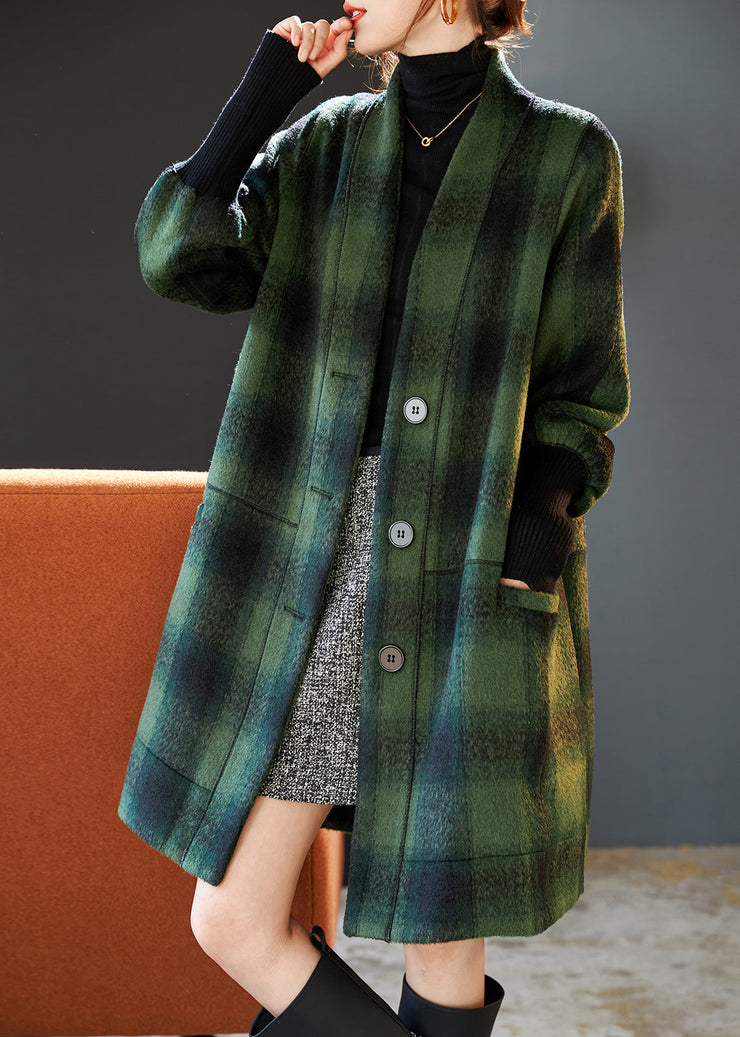 Simple Green V Neck Plaid Thick Woolen Coats Winter