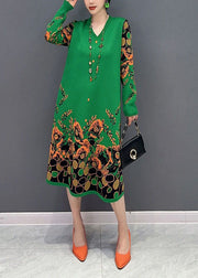 Simple Green V Neck Print Knit A Line Dress Spring