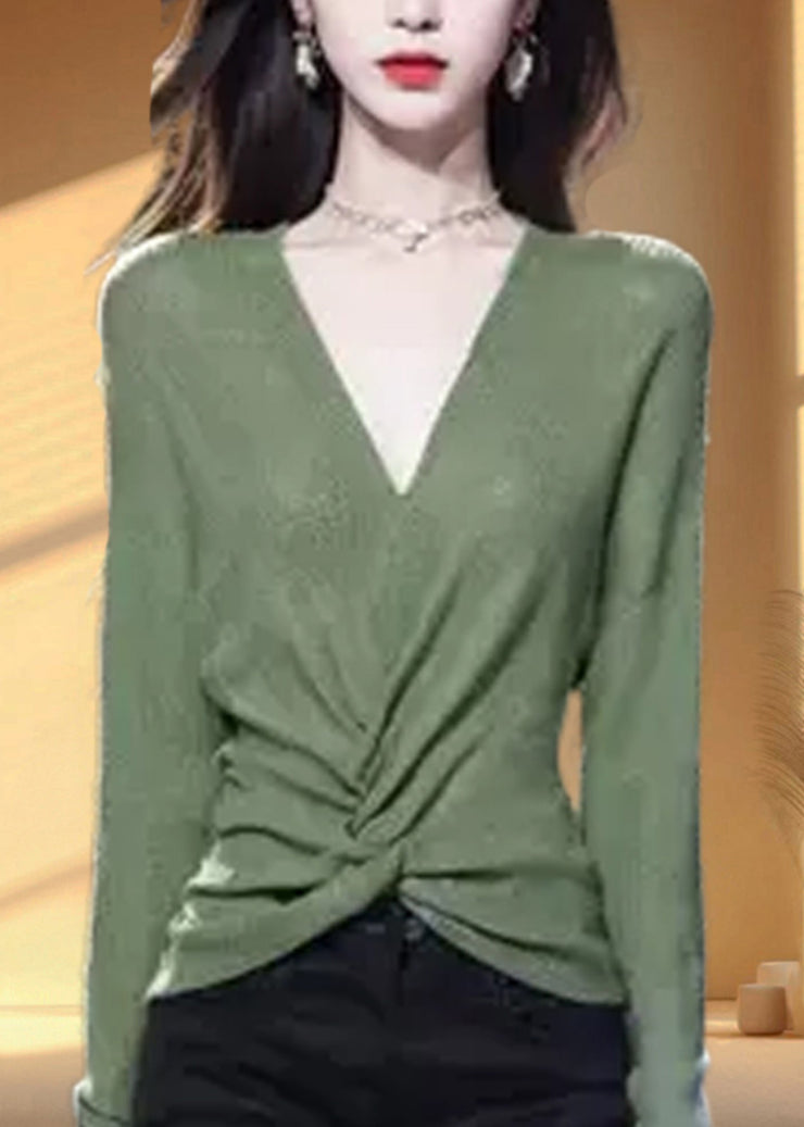 Simple Green V Neck Solid Cozy Knit Sweater Fall