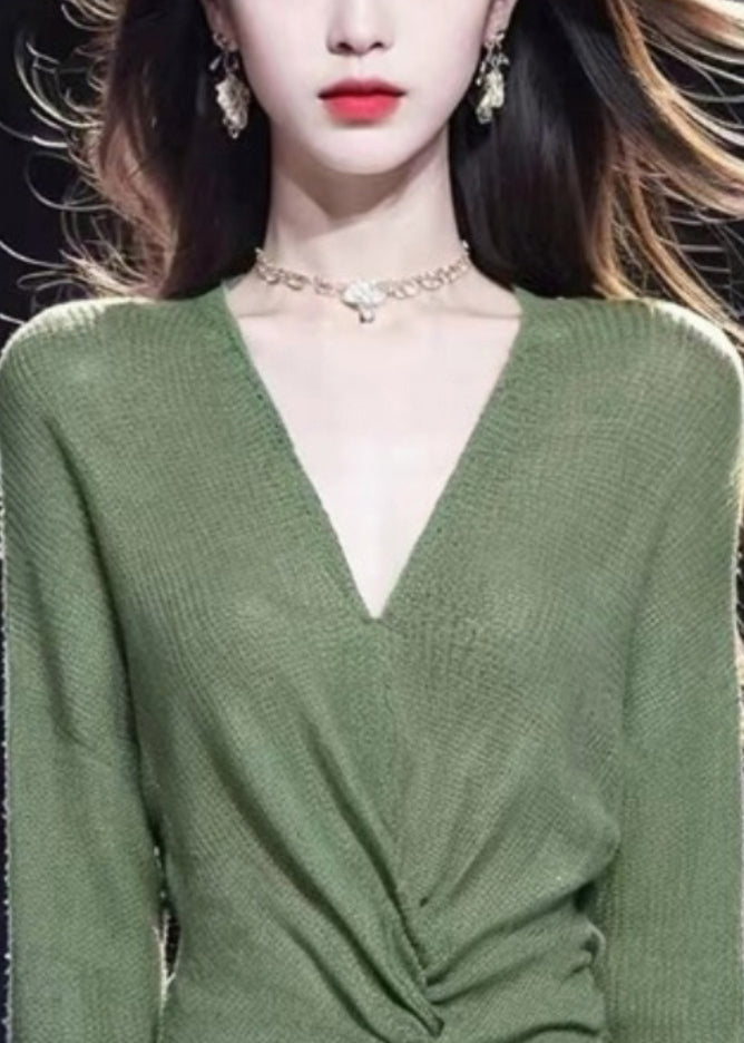 Simple Green V Neck Solid Cozy Knit Sweater Fall