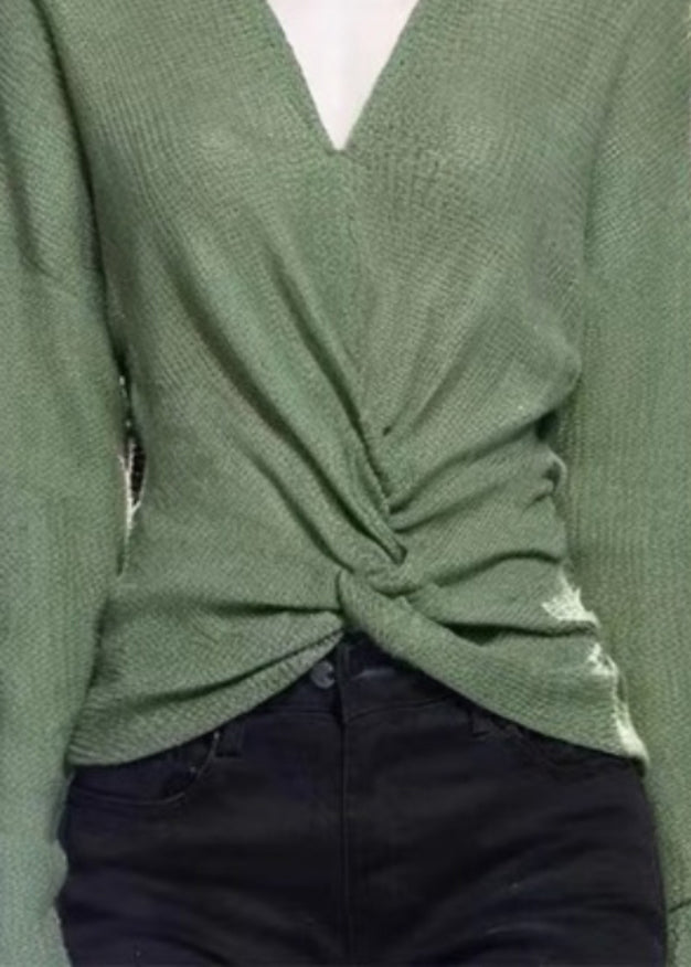 Simple Green V Neck Solid Cozy Knit Sweater Fall