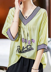 Simple Green V Neck Striped Embroideried Patchwork Cotton Blouses Summer