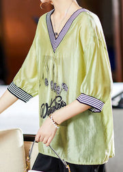 Simple Green V Neck Striped Embroideried Patchwork Cotton Blouses Summer