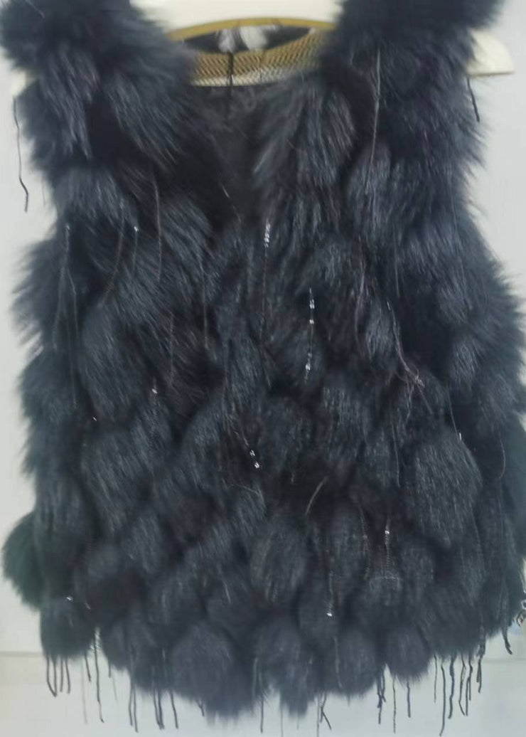 Simple Green V Neck Tassel Leather And Fur Waistcoat Winter