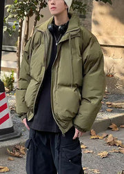 Simple Green Zip Up Pockets Solid Men Parka Winter