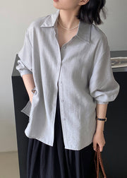 Simple Grey Blue Peter Pan Collar Button Shirt Summer