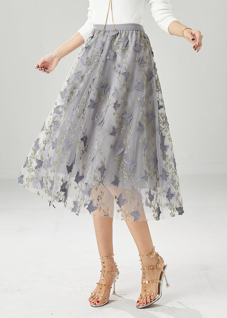 Simple Grey Embroideried Butterfly Tulle Skirt Fall