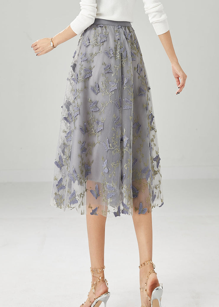 Simple Grey Embroideried Butterfly Tulle Skirt Fall