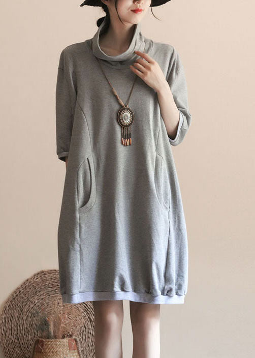 Simple Grey Hign Neck Pockets Patchwork Cotton Dress Summer