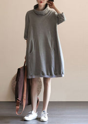 Simple Grey Hign Neck Pockets Patchwork Cotton Dress Summer