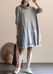 Simple Grey Hign Neck Pockets Patchwork Cotton Dress Summer