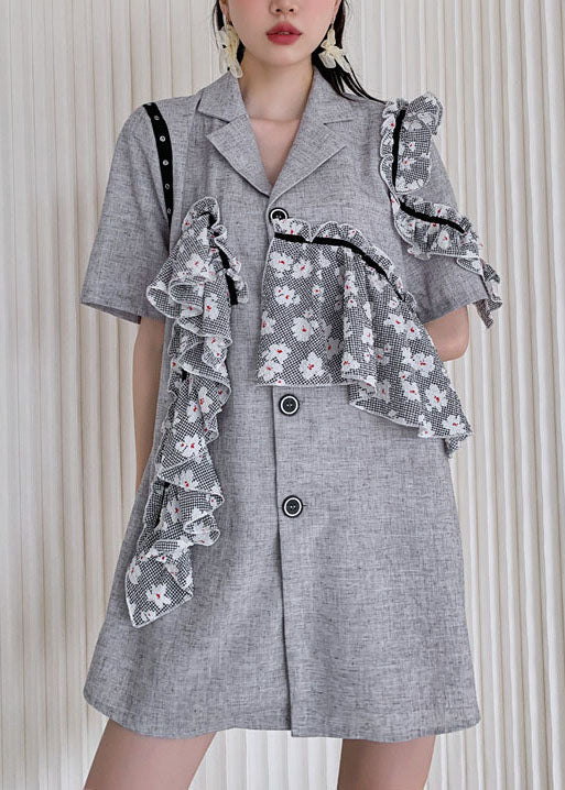 Simple Grey Notched Ruffled Patchwork Cotton Day Dress Summer