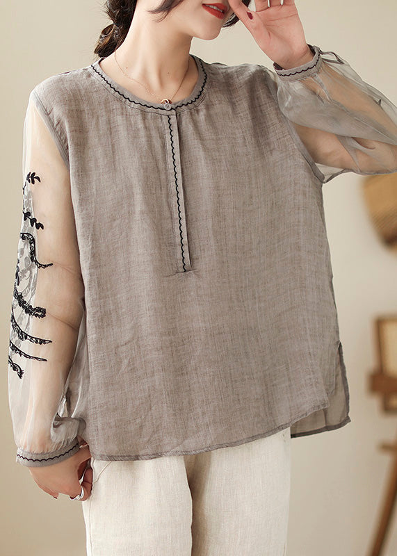 Simple Grey O-Neck Embroideried Linen Top Spring