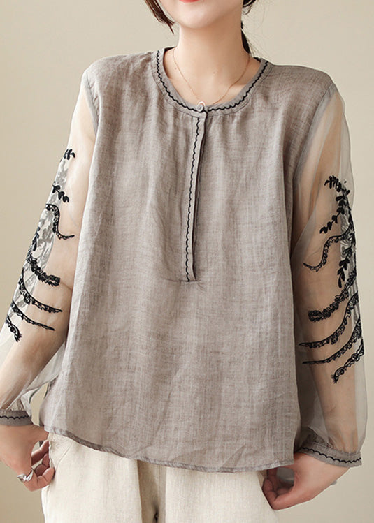 Simple Grey O-Neck Embroideried Linen Top Spring