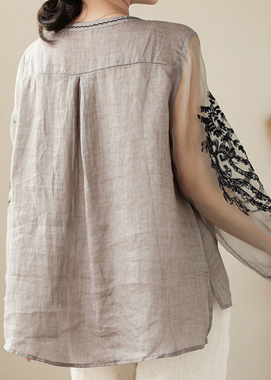 Simple Grey O-Neck Embroideried Linen Top Spring