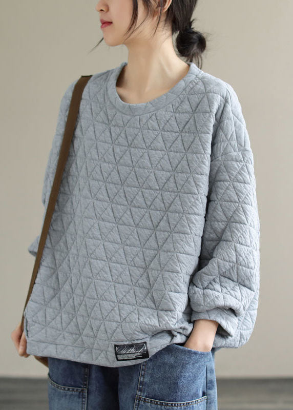 Simple Grey O-Neck Patchwork Fleece Sweatshirts Long Sleeve