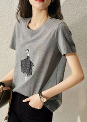 Simple Grey O Neck Print Patchwork Cotton Top Short Sleeve