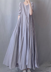 Simple Grey O Neck Wrinkled Patchwork Cotton Long Dresses Fall