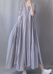 Simple Grey O Neck Wrinkled Patchwork Cotton Long Dresses Fall