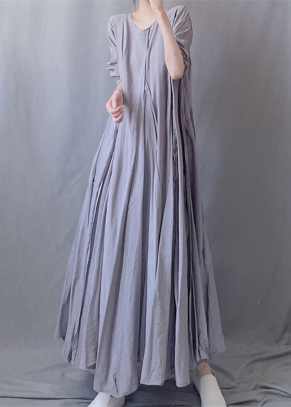 Simple Grey O Neck Wrinkled Patchwork Cotton Long Dresses Fall