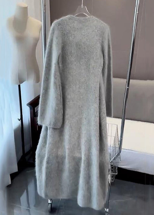 Simple Grey V Neck Button Cotton Knit Cardigans Long Sleeve