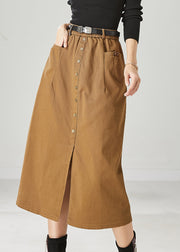 Simple Khaki Elastic Waist Side Open Cotton Skirts Spring