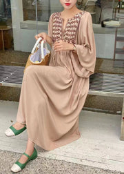 Simple Khaki Embroideried Oversized Cotton Vacation Dresses Batwing Sleeve