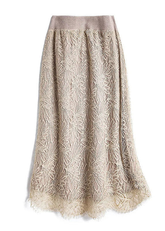 Simple Khaki Hollow Out Lace Skirt Spring