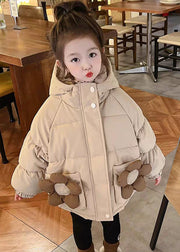 Simple Khaki Hooded Pockets Cotton Filled Girls Coats Long Sleeve