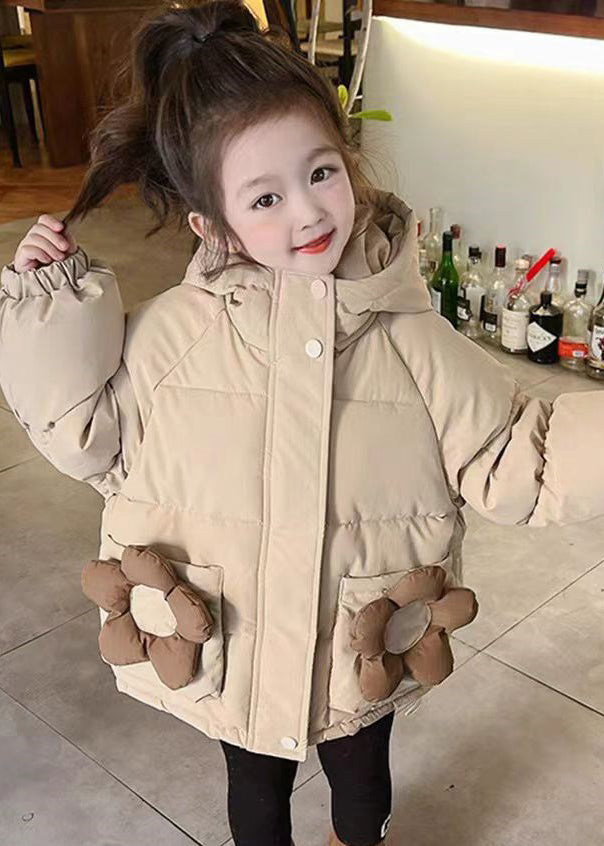 Simple Khaki Hooded Pockets Cotton Filled Girls Coats Long Sleeve