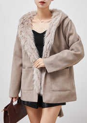 Simple Khaki Hooded Pockets Woolen Coat Fuzzy Fox Lined Winter