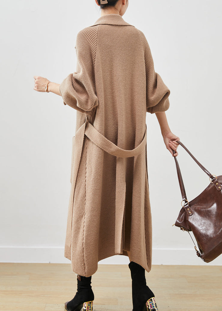 Simple Khaki Notched Oversized Pockets Knit Trench Spring