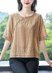 Simple Khaki O Neck Embroidered Cotton Top Summer