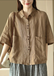 Simple Khaki Patchwork Button Solid Linen Shirts Half Sleeve