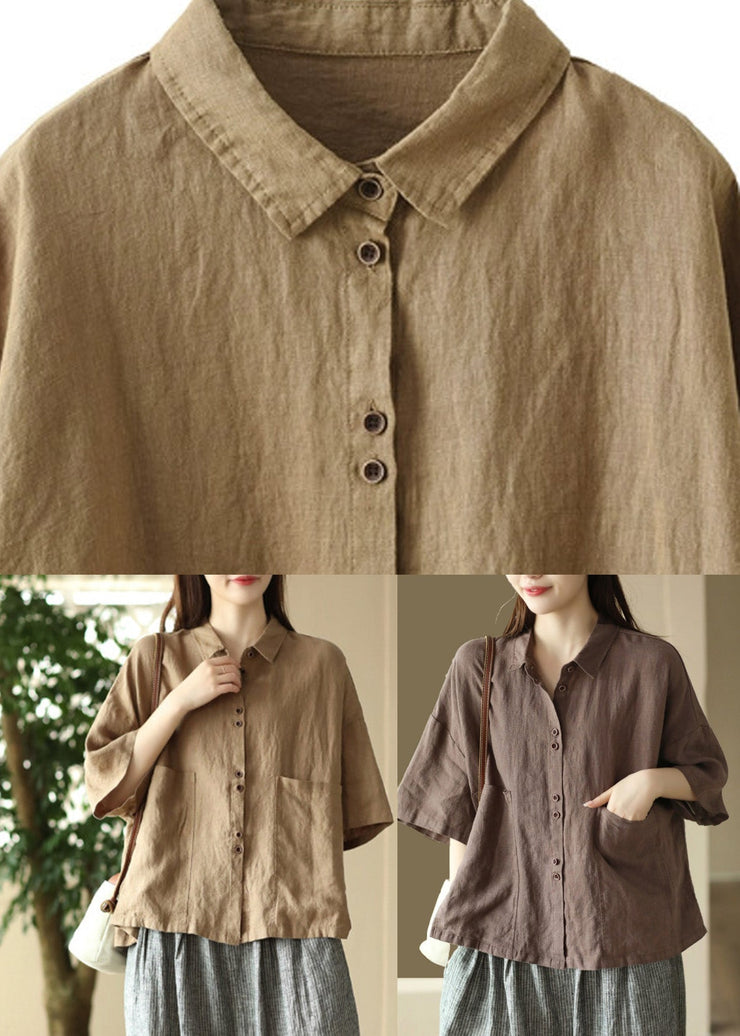 Simple Khaki Patchwork Button Solid Linen Shirts Half Sleeve