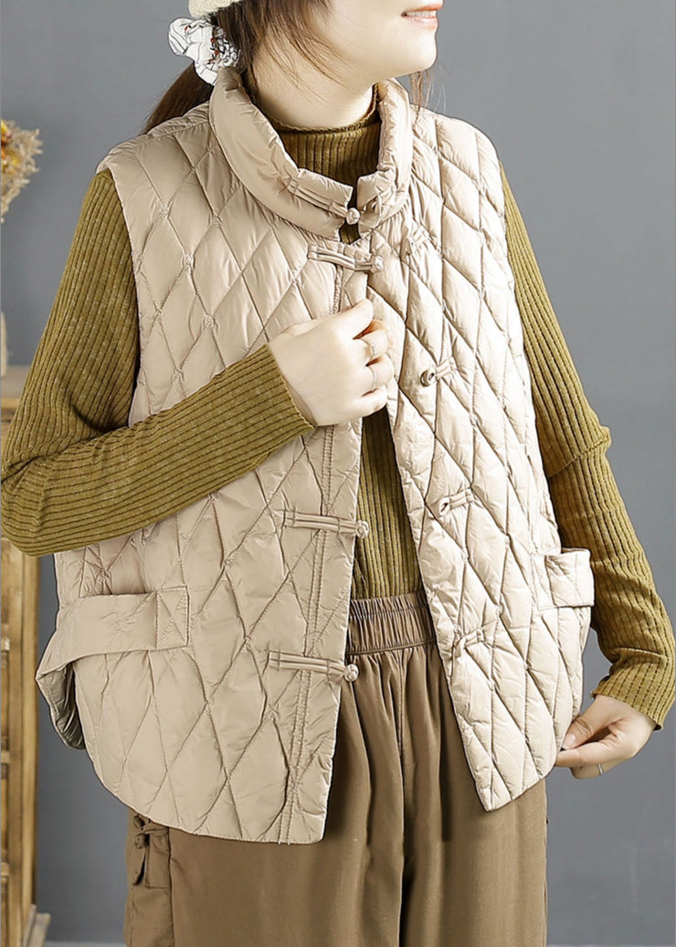 Simple Khaki Stand Collar Chinese Button Duck Down Puffers Vests Winter