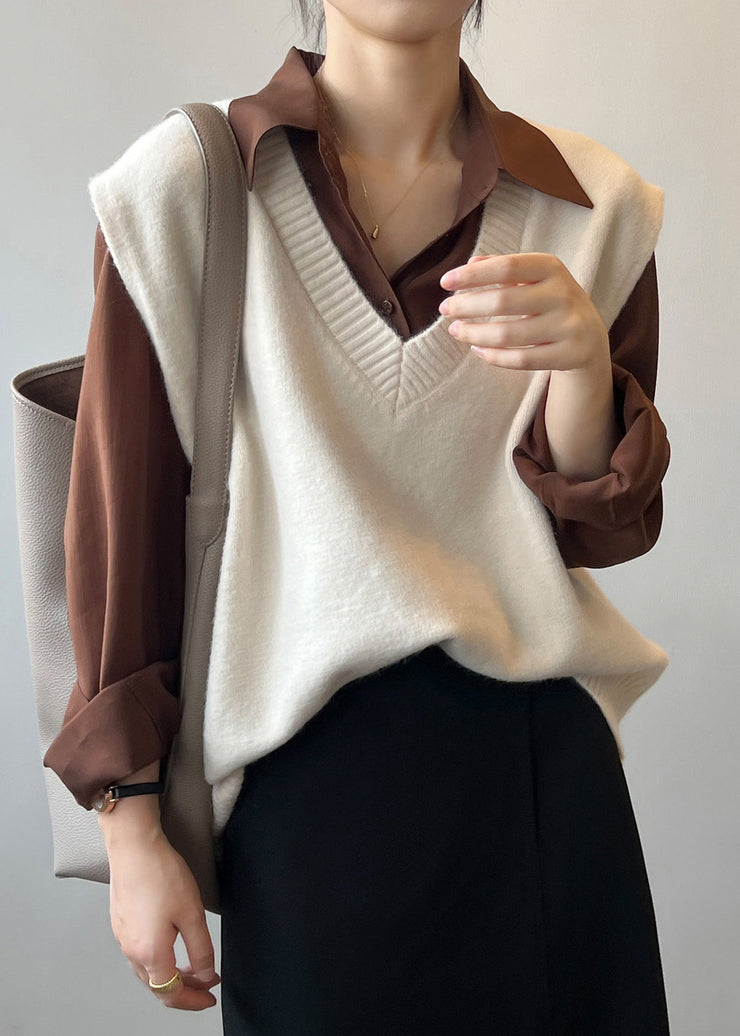 Simple Khaki V Neck Cozy Cashmere Knit Waistcoat Sleeveless