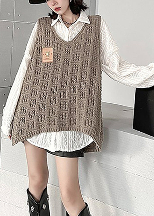 Simple Khaki V Neck Hollow Out Low High Design Knit Waistcoat Spring