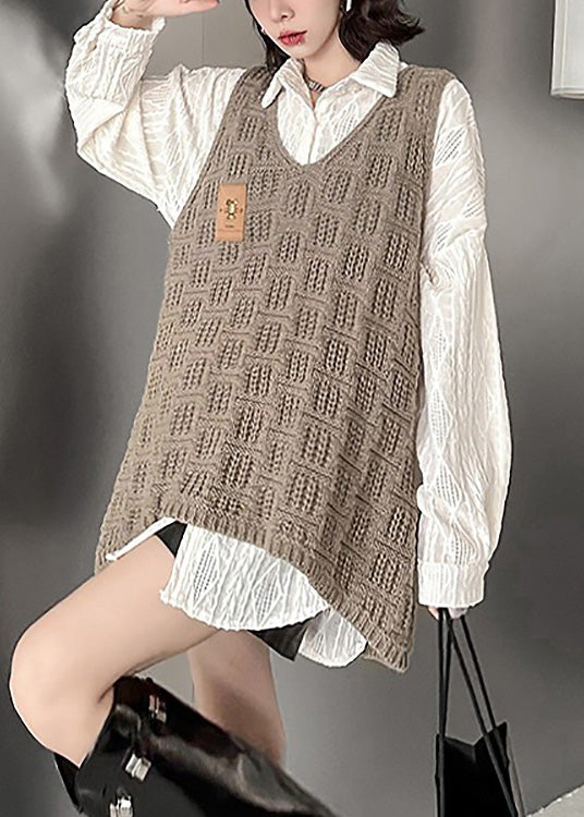 Simple Khaki V Neck Hollow Out Low High Design Knit Waistcoat Spring