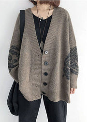 Simple Khaki V Neck Print Knit Loose Cardigan Spring