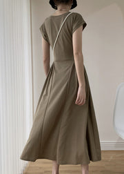 Simple Khaki V Neck Wrinkled Patchwork Cotton Dress Summer