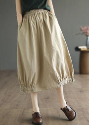 Simple Khaki Wrinkled Pockets Elastic Waist Patchwork Cotton Skirts Spring