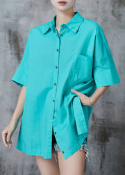 Simple Lake Green Peter Pan Collar Pocket Cotton Formal Shirt Summer