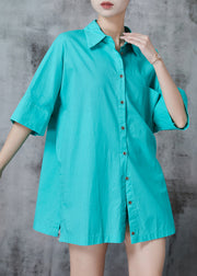 Simple Lake Green Peter Pan Collar Pocket Cotton Formal Shirt Summer