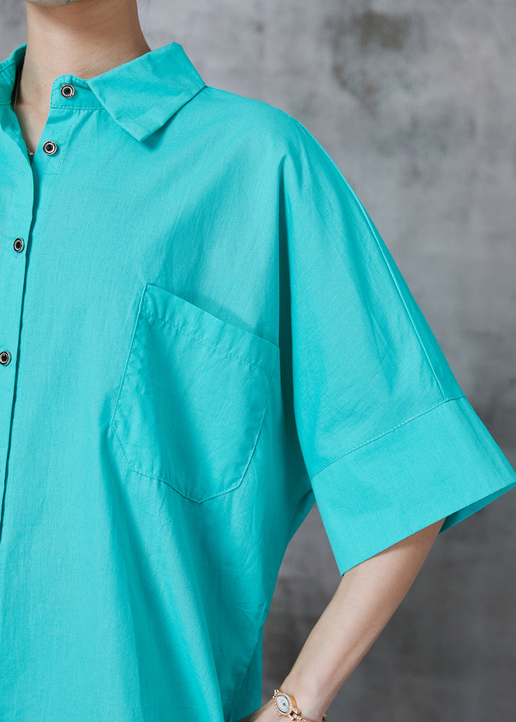 Simple Lake Green Peter Pan Collar Pocket Cotton Formal Shirt Summer