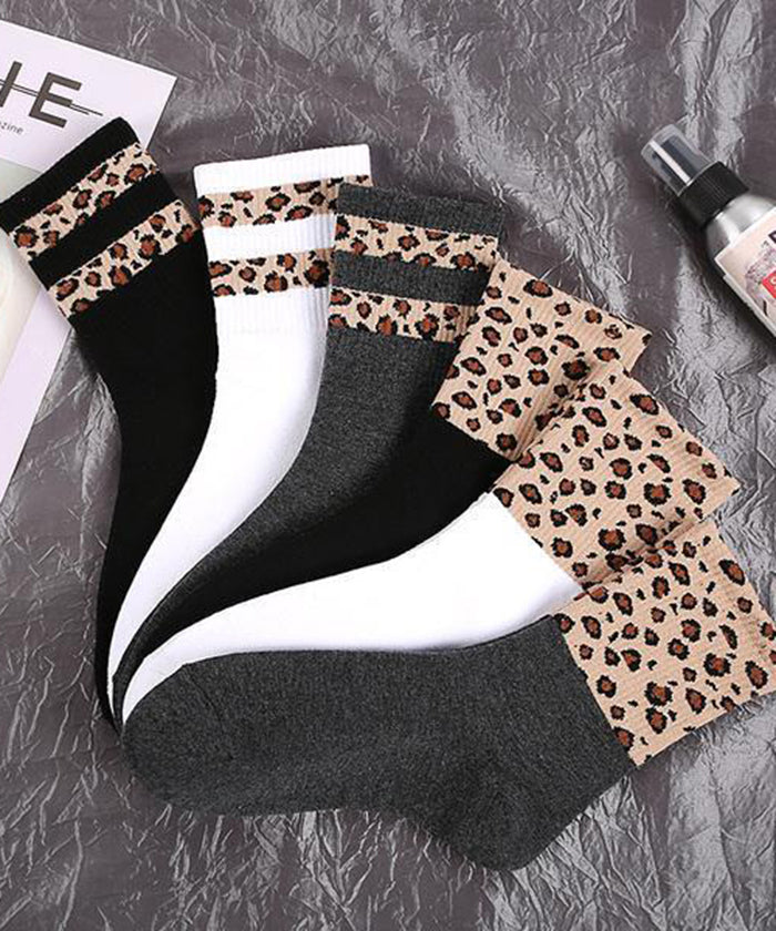 Simple Leopard Patchwork Cotton Mid Calf Socks