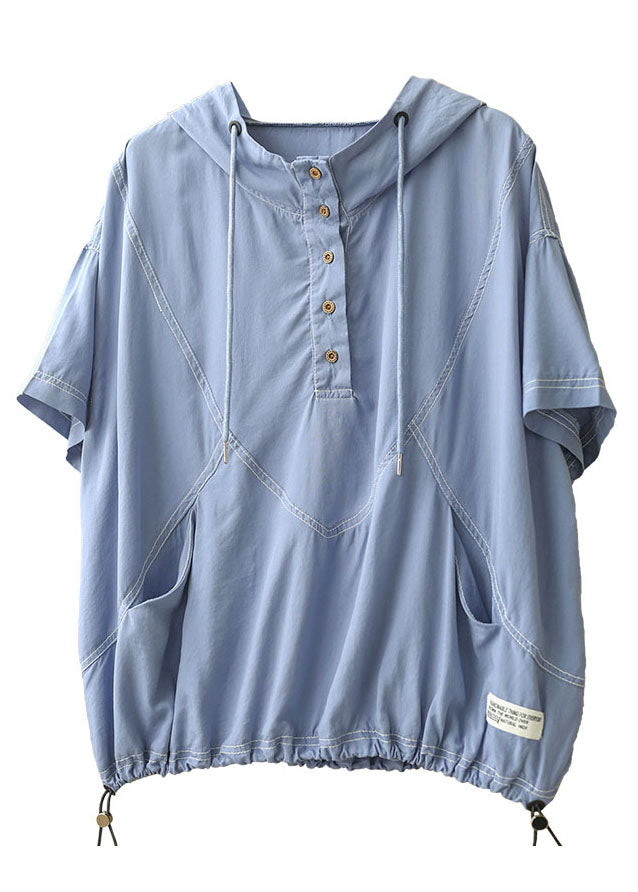 Simple Light Blue Drawstring Hooded Cotton Sweatshirt Streetwear Short Sleeve