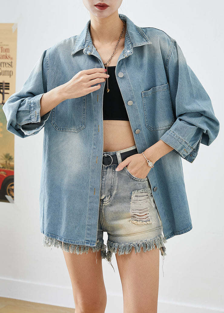 Simple Light Blue Oversized Pockets Denim Shirt Coats Fall