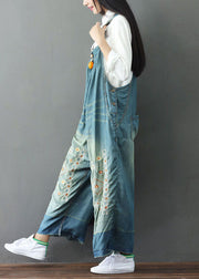 Simple Light Blue Patchwork Embroideried Denim Wide Leg Jumpsuit Spring