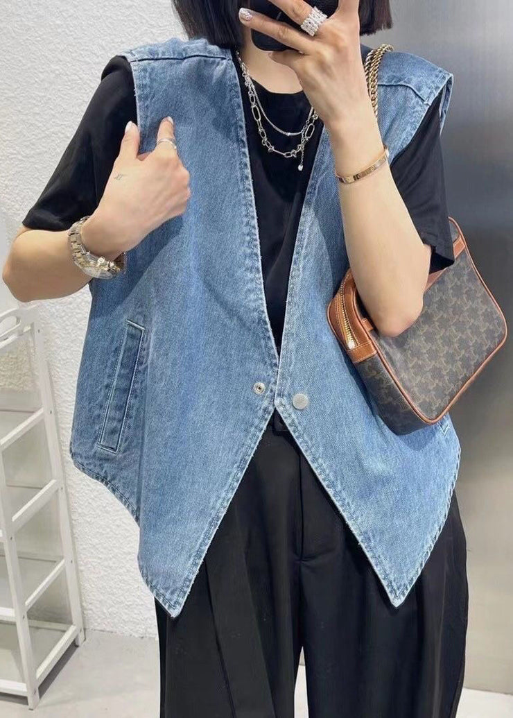 Simple Light Blue V Neck Patchwork Button Waistcoat Fall